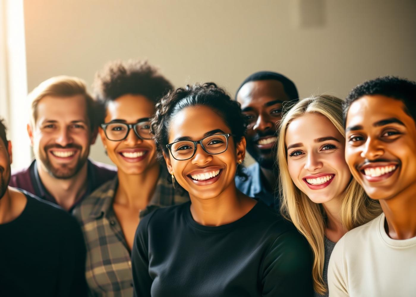 Diverse group of people smiling together in warm natural light